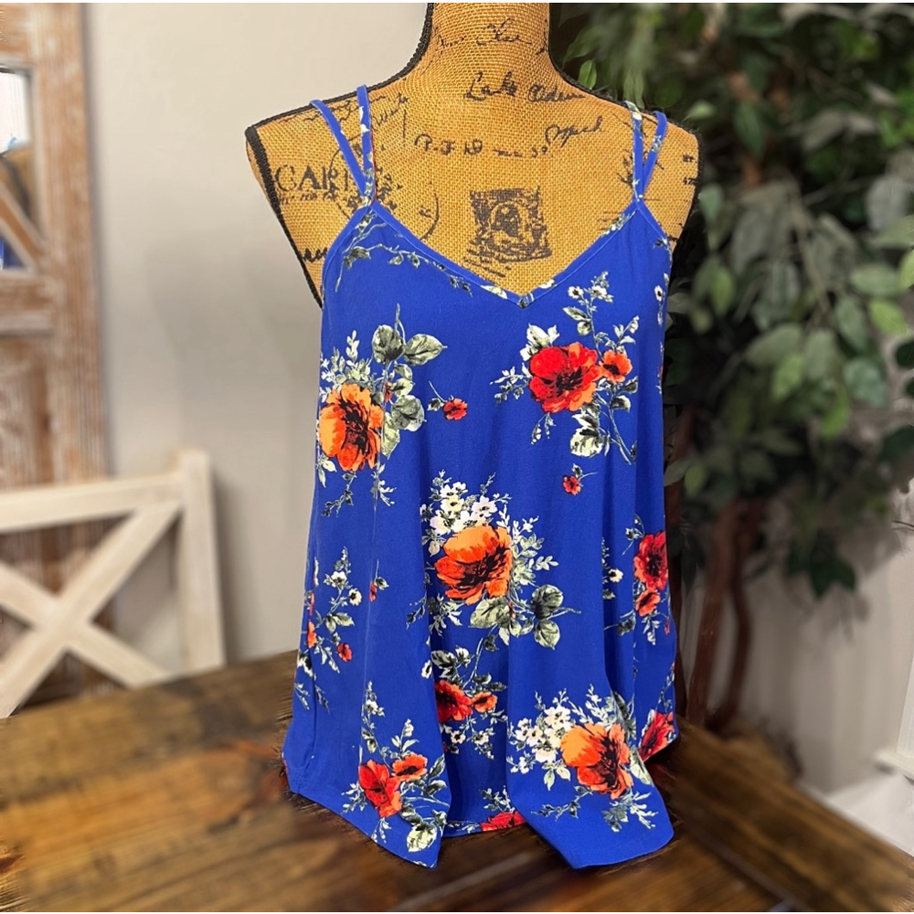 NWT Paper moon‎ Cross Back Women’s Tank Top- Royal Blue Floral- Large